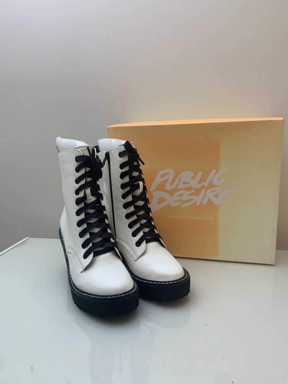 Public Desire Fearne White Platform Combat Boots Size US 5